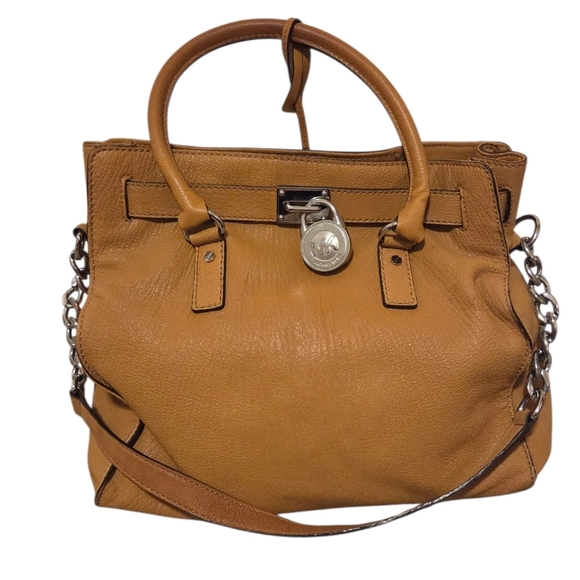 Michael Kors Hamilton Leather Satchel Crossbody Purse Bag Tan Brown Dust Cover - Picture 1 of 15